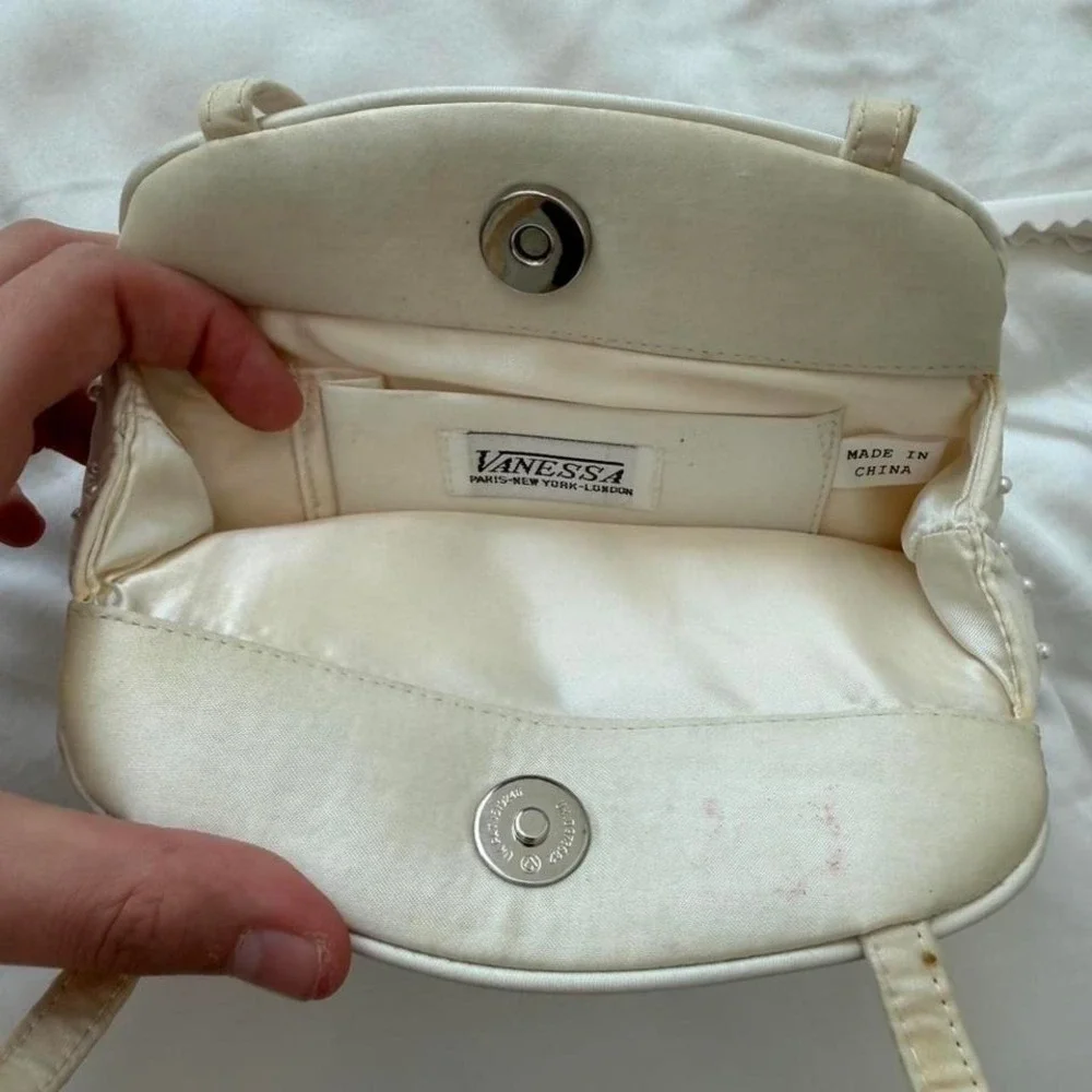 Vintage Cream Pearl‎ Studded Satin Evening Handbag